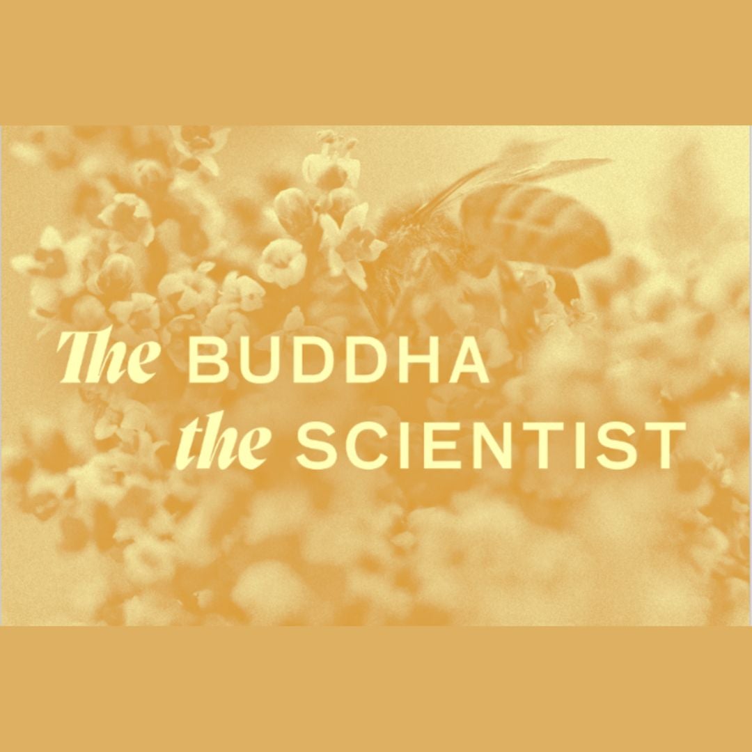 Bee on flowers with yellow over lay and text that reads "The Buddha the Scientist"